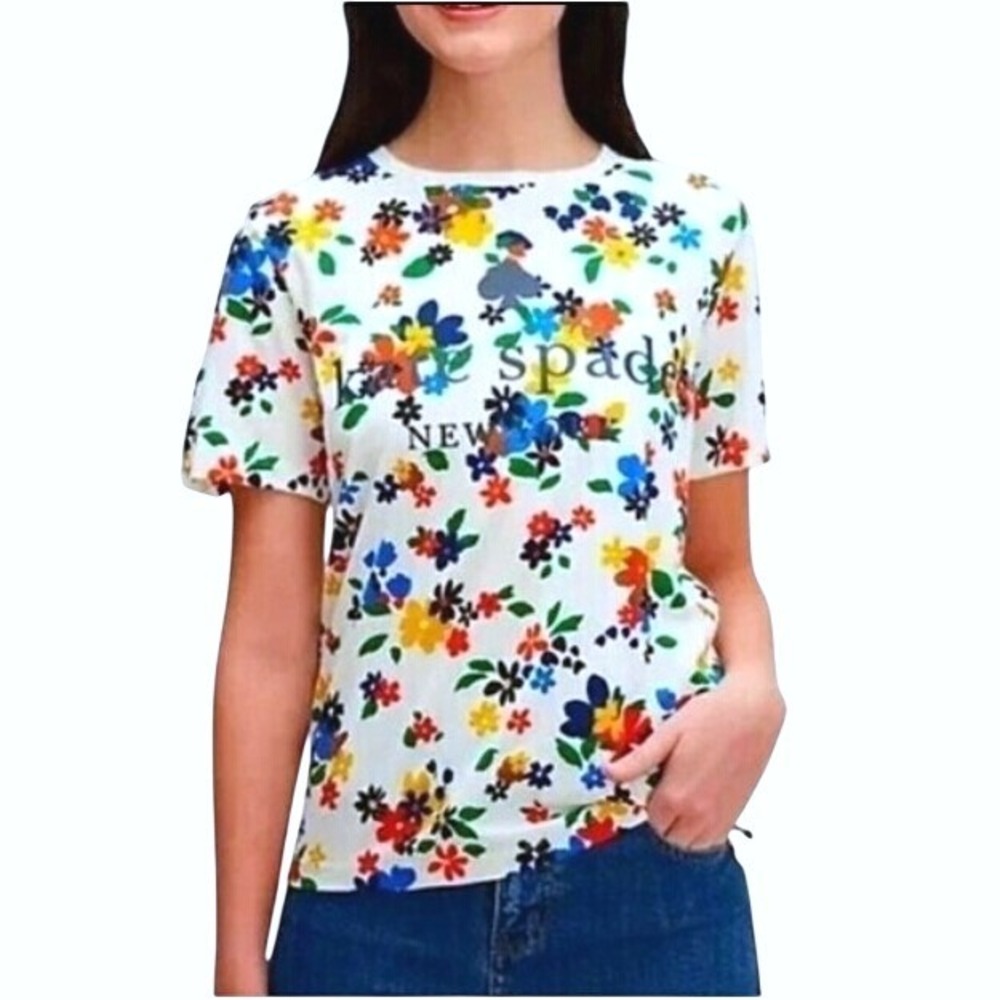 Kate Spade Multicolor Floral Logo Novelty Streetwear 100% Cotton Tee M